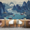 Cobalt Blue Sailboat Chinoiserie Mural Wallpaper — Traditional Art Mural Wallpaper - room preview 02