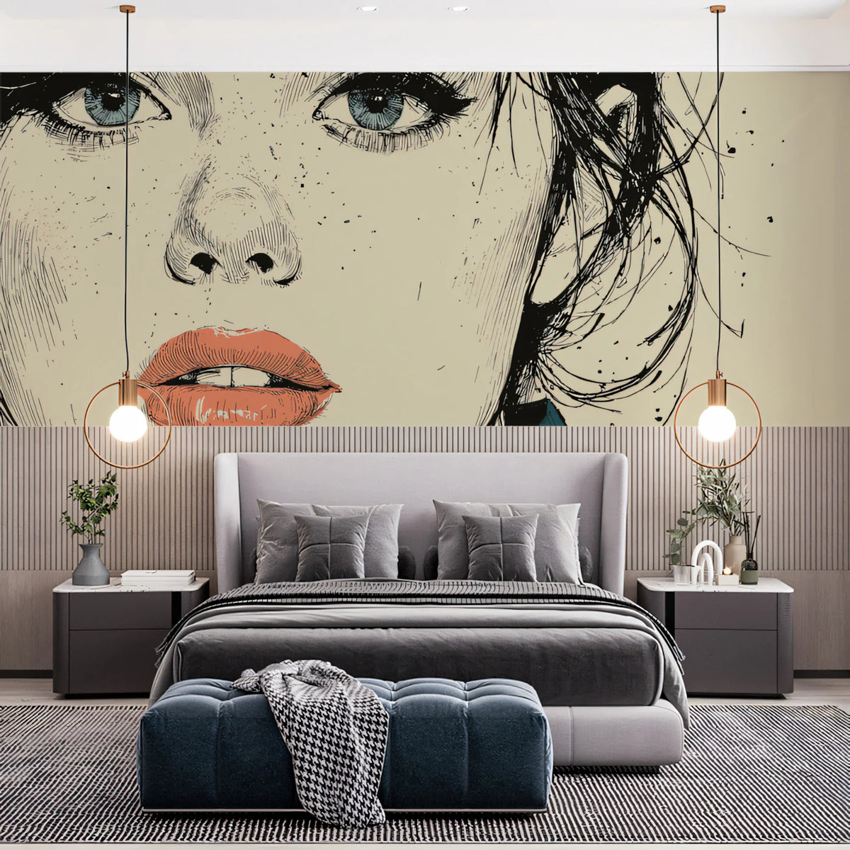 Minimalist Female Portrait Mural Wallpaper in Ink Sketch Style Mural Wallpaper - room preview 02