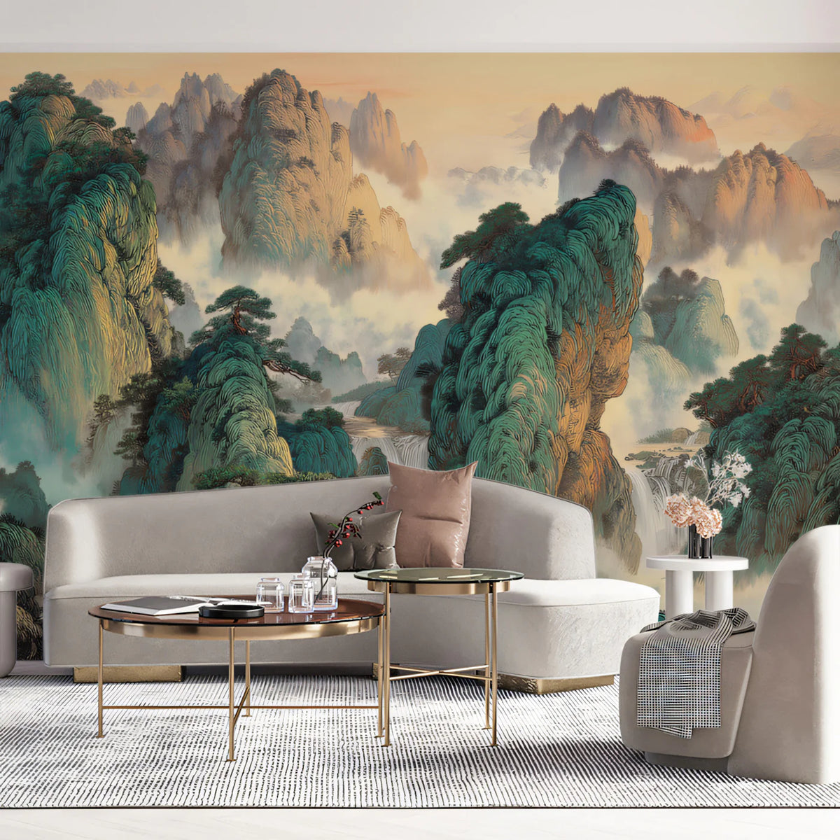 Emerald Mountain Peaks Mural Wallpaper — Traditional Zen Landscape Mural Wallpaper - room preview 02