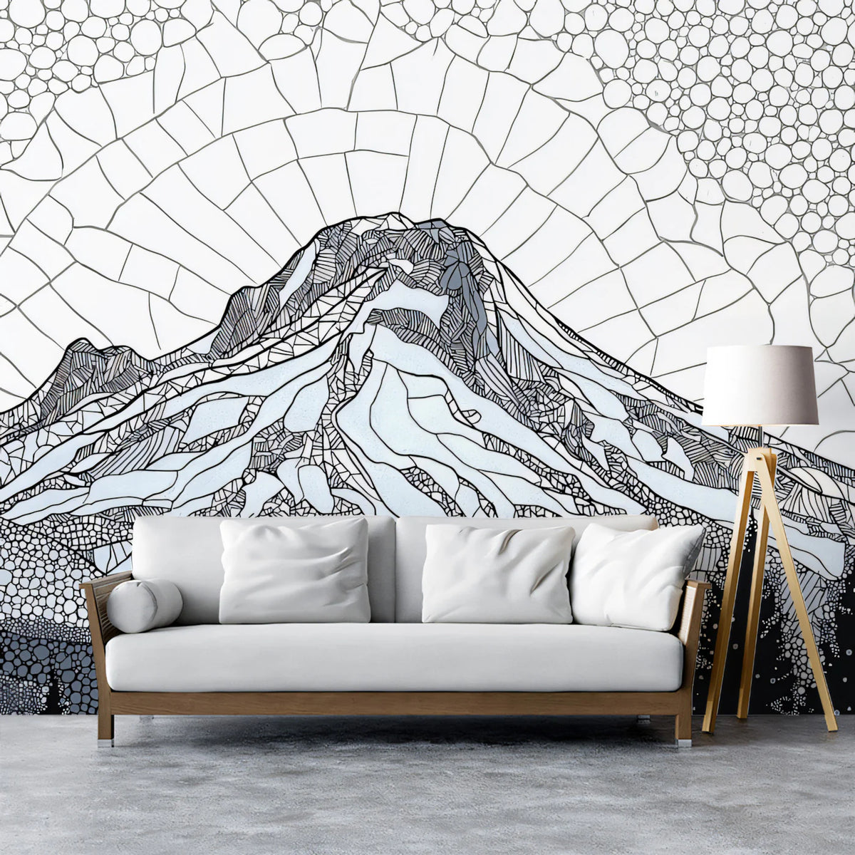 Stained Glass Alpine Peak Mural — Monochrome Mosaic Landscape Mural Wallpaper - room preview 02