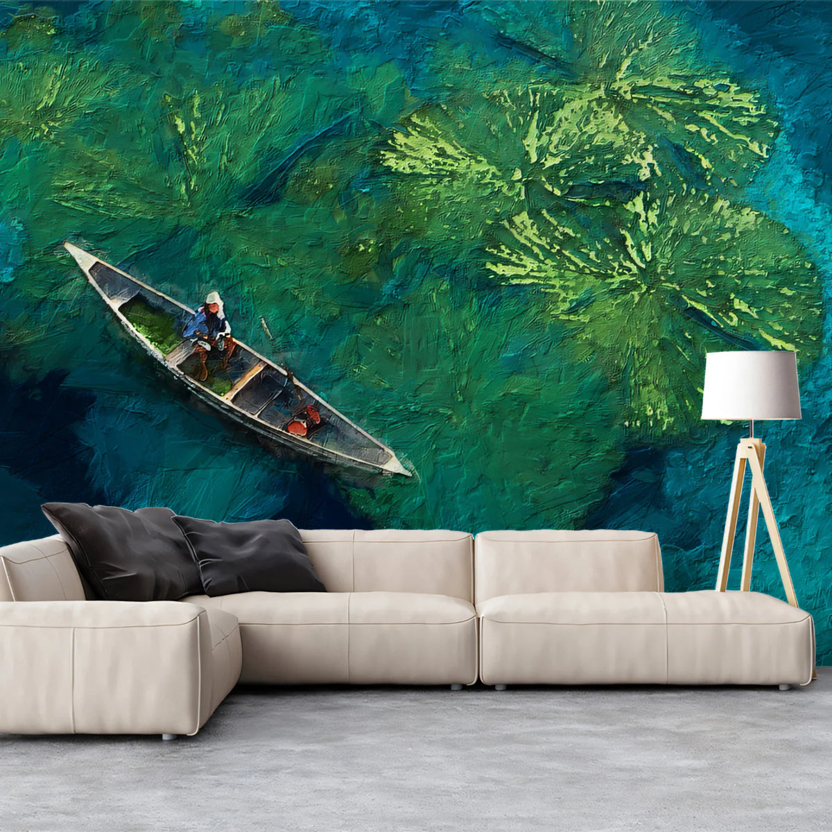 Impressionist Lily Pad Boat Mural Wallpaper — Aerial Pond Design Mural Wallpaper - room preview 02