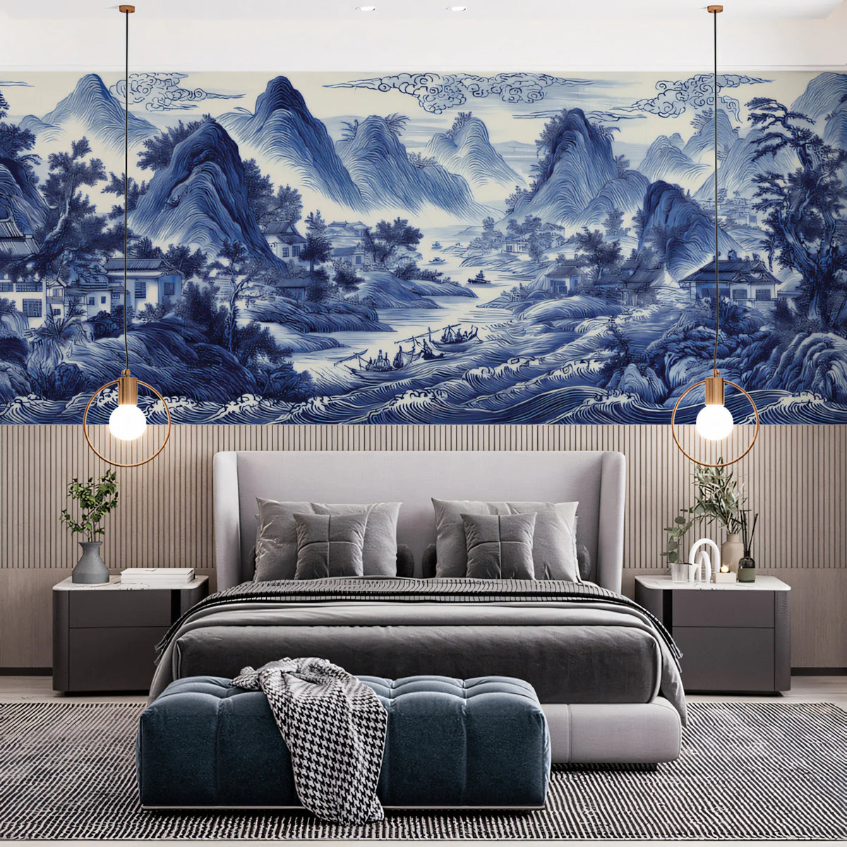 Cobalt Blue Chinoiserie Landscape Mural Wallpaper - room preview 02