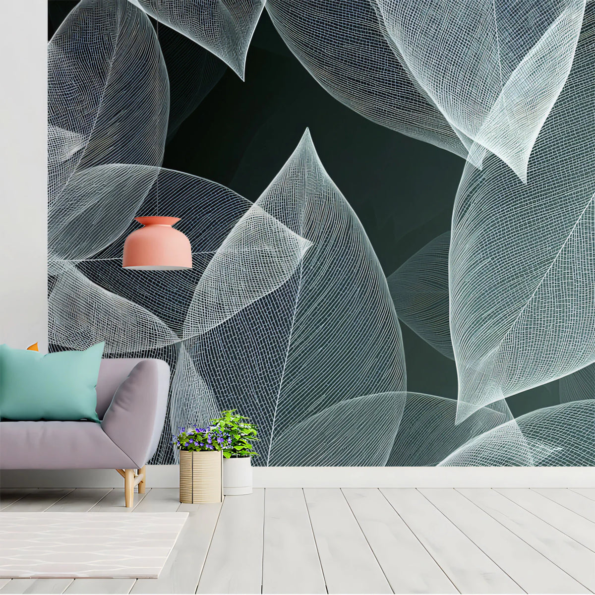 Abstract White Skeleton Leaf Mural Minimalist Monochrome Botanical Wallpaper Mural Wallpaper - room preview 02