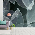 Abstract White Skeleton Leaf Mural Minimalist Monochrome Botanical Wallpaper Mural Wallpaper - room preview 02