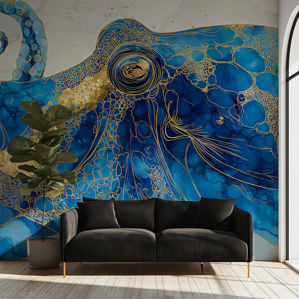 Abstract Octopus Mural Wallpaper in Marine Blue and Gold Leaf Mural Wallpaper - room preview 02