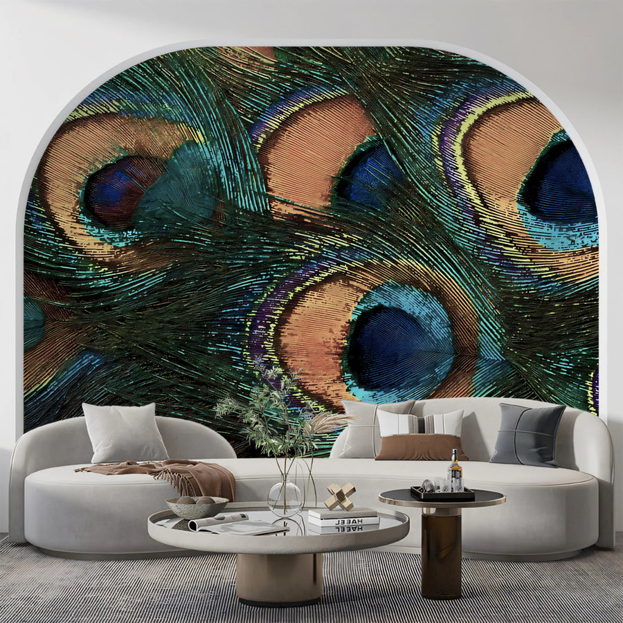 Peacock Wallpaper Mural – Bird Wall Mural – Macro Peacock Feather — Luxurious Nature Pattern