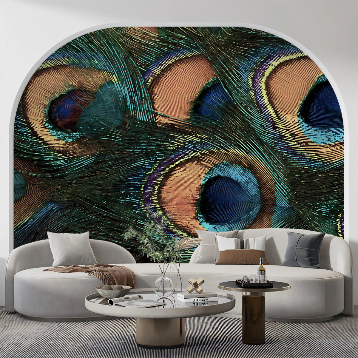 Macro Peacock Feather Mural Wallpaper — Luxurious Nature Pattern Mural Wallpaper - room preview 02