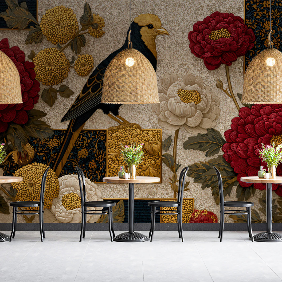 Chinoiserie Bird and Peony Mural Wallpaper — Traditional Floral Art Mural Wallpaper - room preview 02