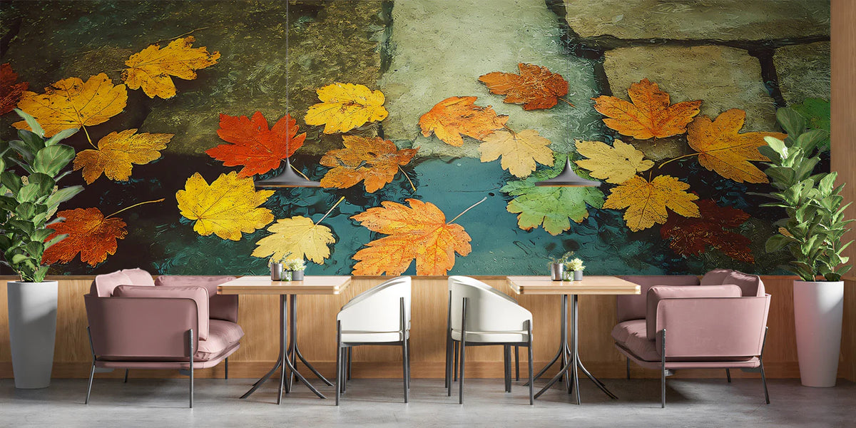 Autumn Maple Leaf Water Mural Wallpaper — Seasonal Nature Decor Mural Wallpaper - room preview 02