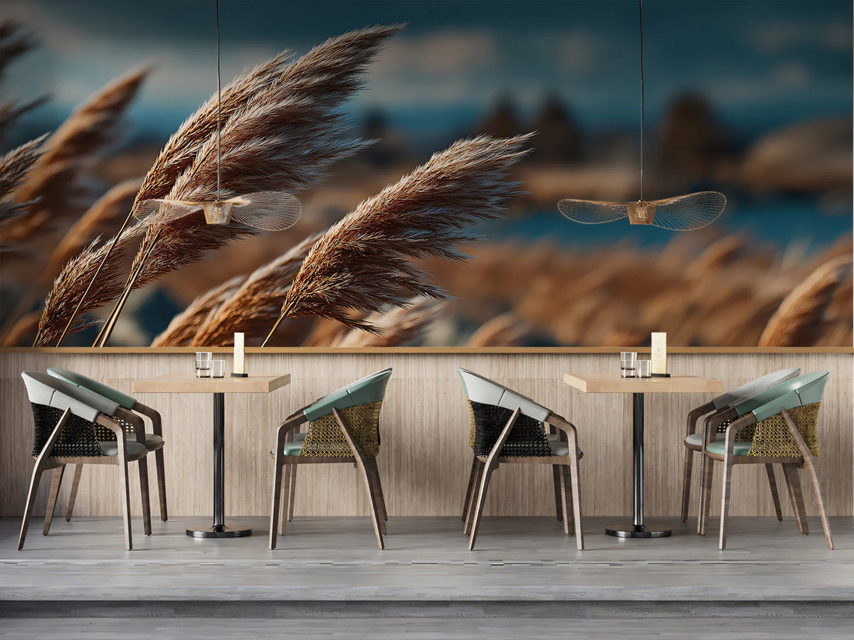 Golden Pampas Grass Meadow Mural Wallpaper — Cinematic Landscape Mural Wallpaper - room preview 02
