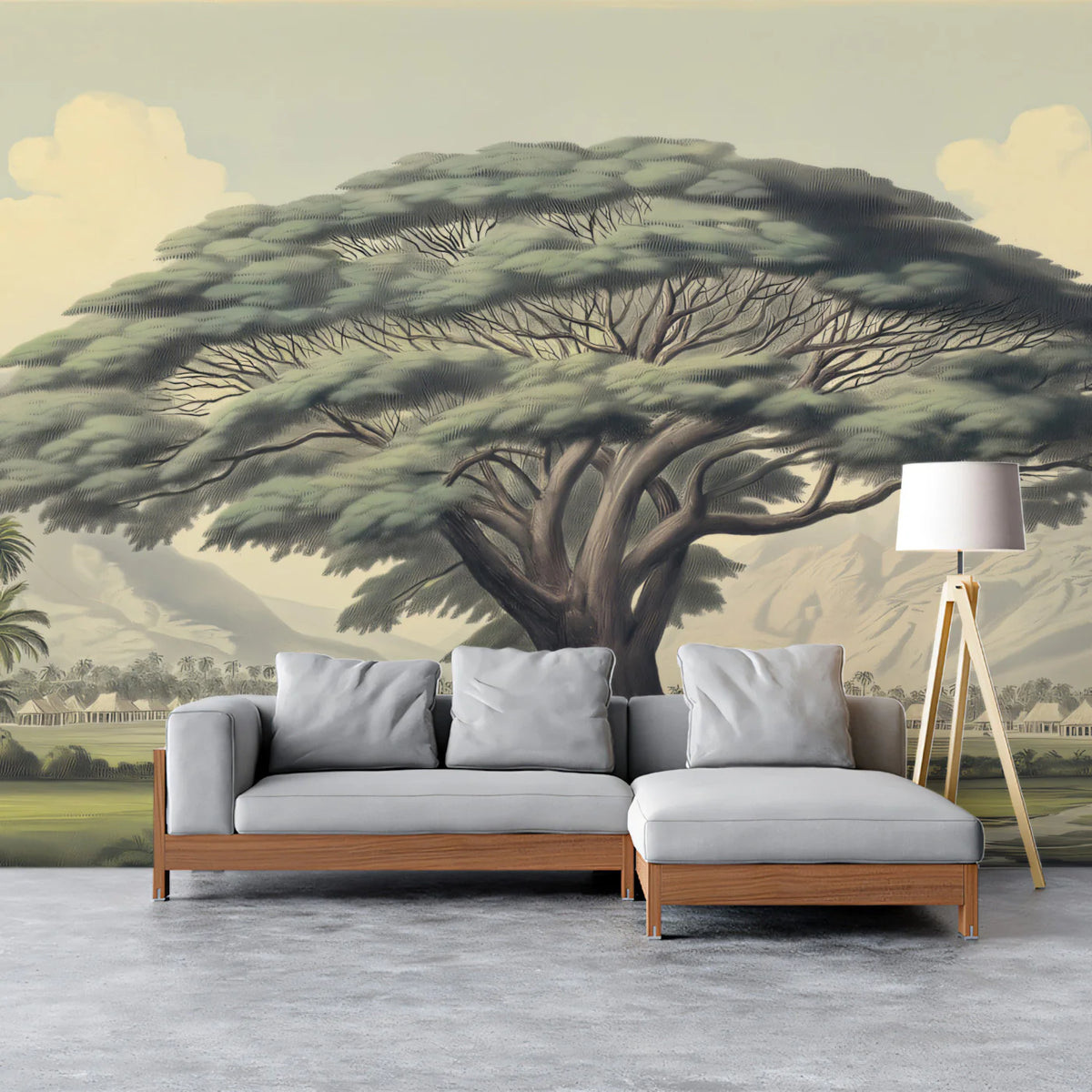 Ancient Banyan Tree Mural Wallpaper — Vintage Landscape Art Mural Wallpaper - room preview 02