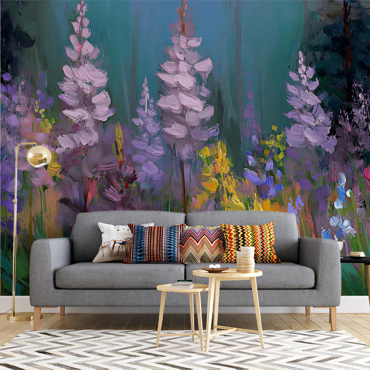 Impressionist Lupine Field Mural Wallpaper — Painterly Floral Art Mural Wallpaper - room preview 02