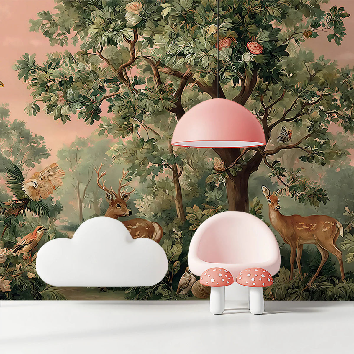 Vintage Forest Deer and Rose Botanical Mural Wallpaper - room preview 02