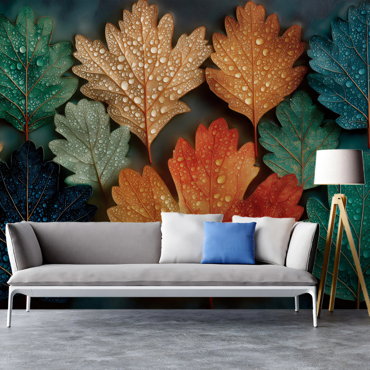 Autumn Dew Leaves Mural Wallpaper — Moody Botanical Pattern Mural Wallpaper - room preview 02