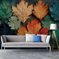Autumn Dew Leaves Mural Wallpaper — Moody Botanical Pattern Mural Wallpaper - room preview 02