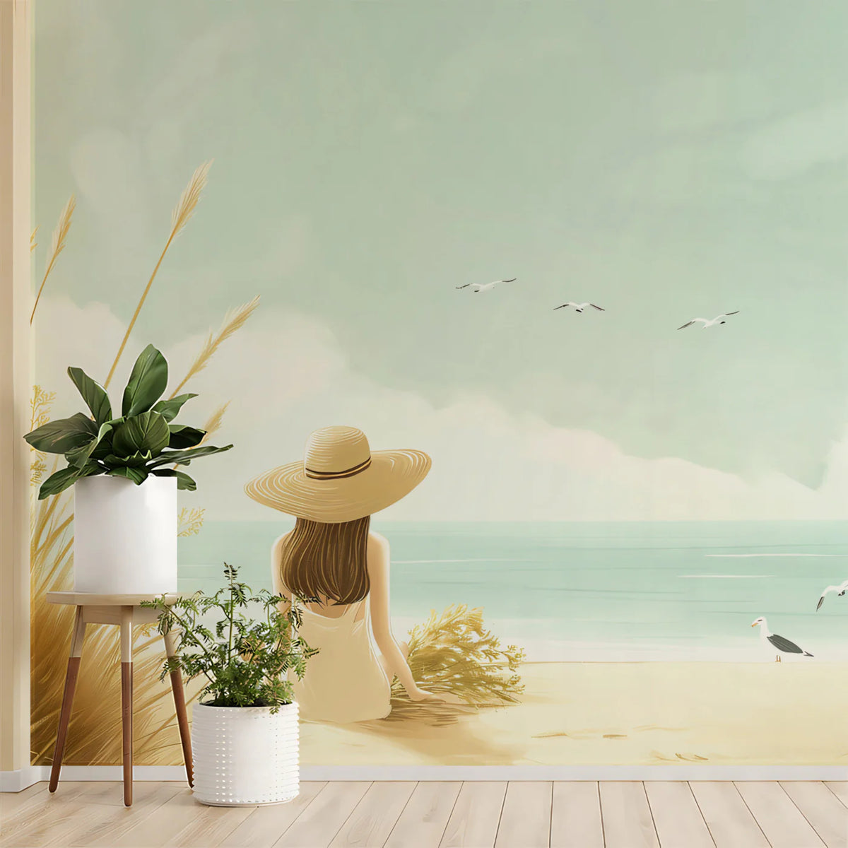 Coastal Meadow Stroll Mural Wallpaper — Summer Seaside Escape Mural Wallpaper - room preview 02
