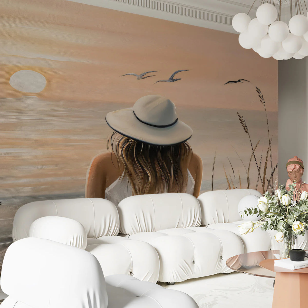 Coastal Sunset Dream Mural Wallpaper — Soft Painted Beach Landscape Mural Wallpaper - room preview 02