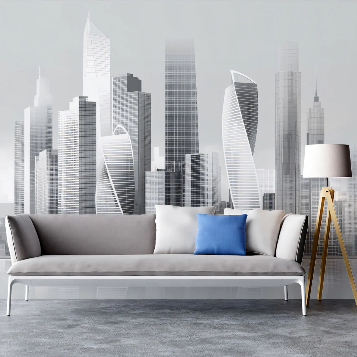 Monochrome Futuristic Skyline Mural Wallpaper — Modern Urban Decor Mural Wallpaper - room preview 02