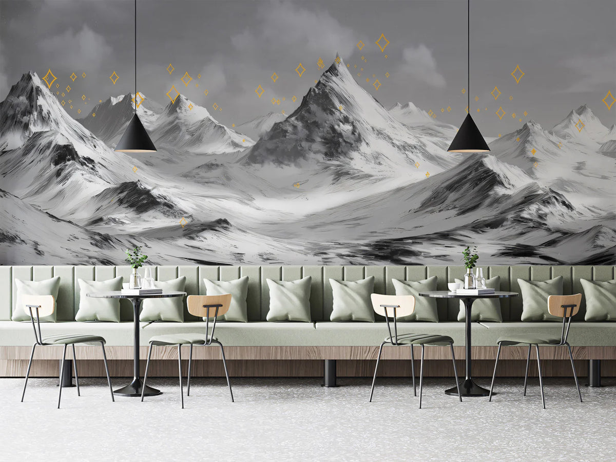 Starry Mountain Landscape Mural Wallpaper — Monochrome Artistic Decor Mural Wallpaper - room preview 02