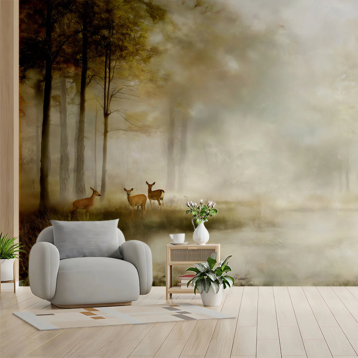 Misty Morning Deer Forest Mural Wallpaper — Impressionistic Nature Mural Wallpaper - room preview 02