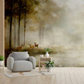 Misty Morning Deer Forest Mural Wallpaper — Impressionistic Nature Mural Wallpaper - room preview 02
