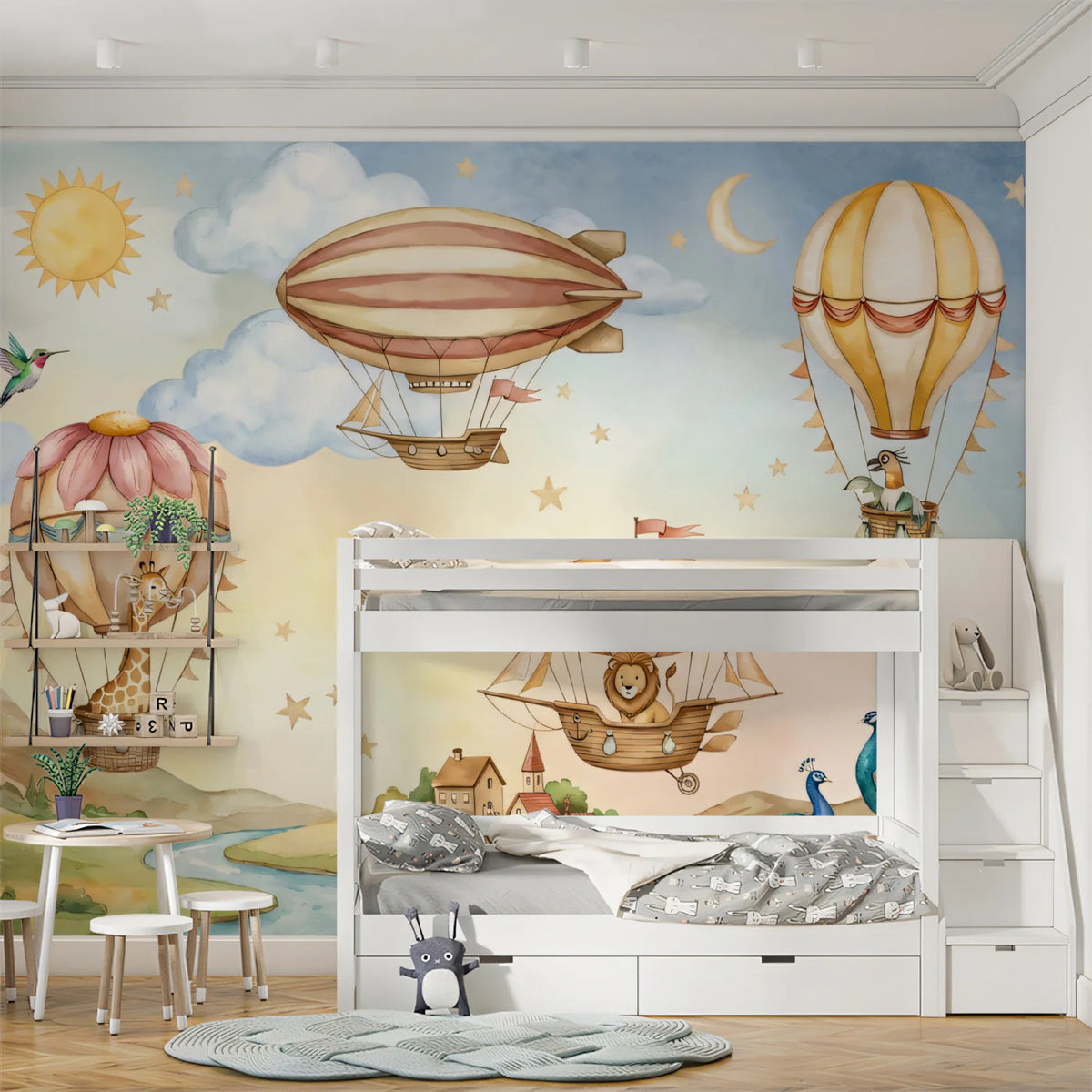 Safari Hot Air Balloon Mural Wallpaper — Whimsical Travel Adventure Mural Wallpaper - room preview 02