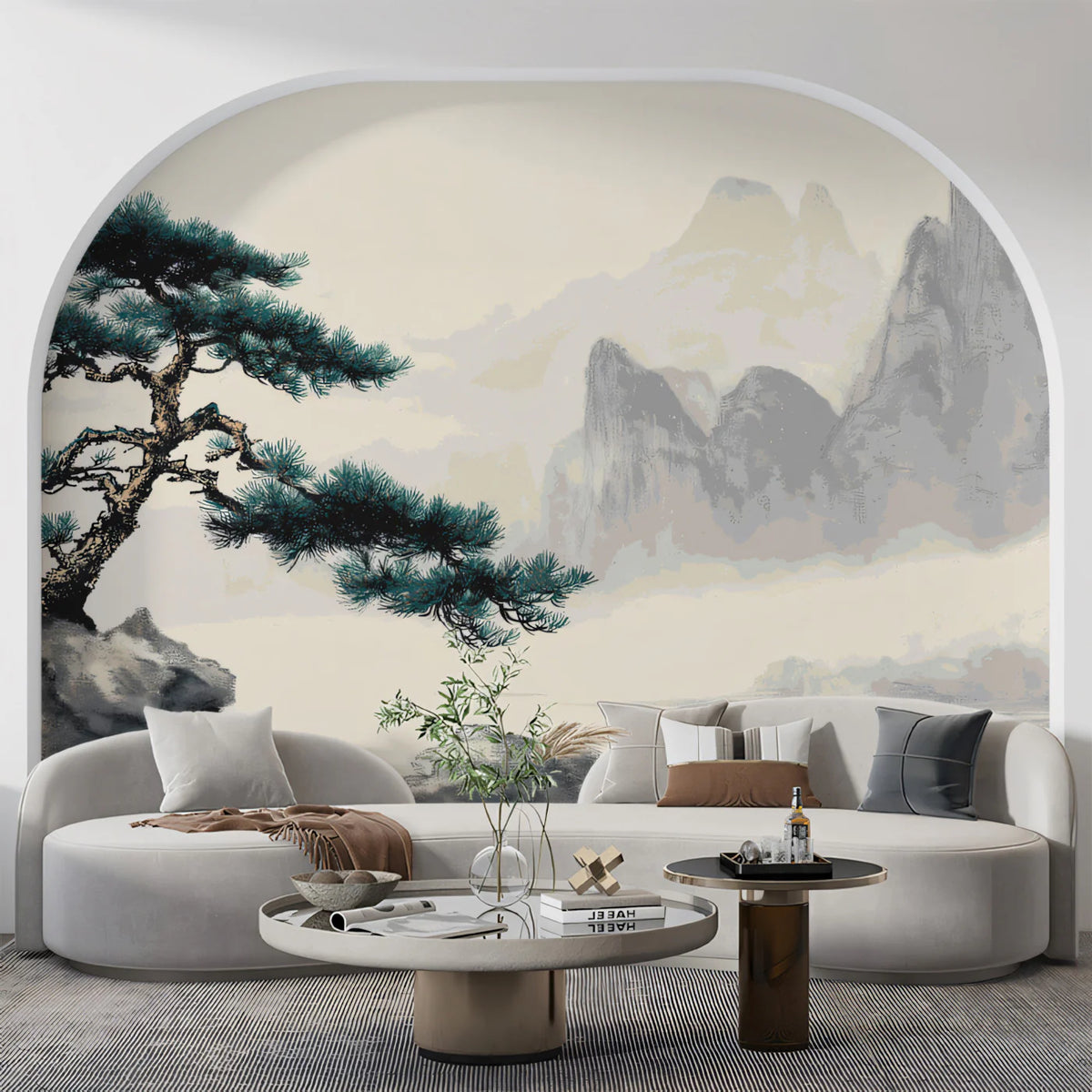 Misty Pine Peak Mural Wallpaper — Traditional Ink Landscape Mural Wallpaper - room preview 02