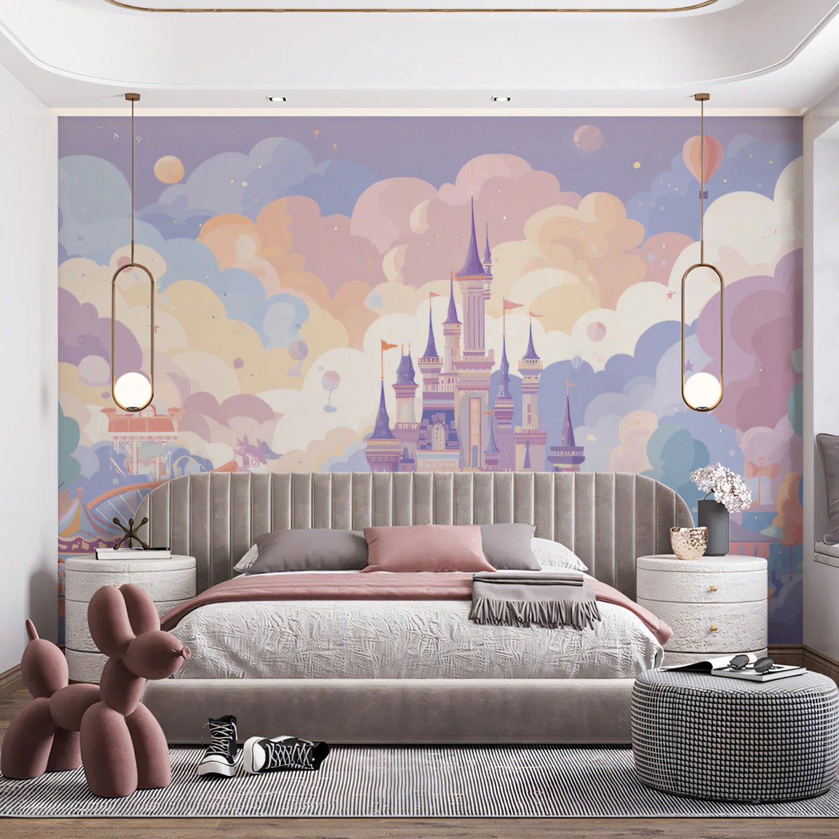 Pastel Kingdom Fairground Mural Wallpaper — Whimsical Castle Art Mural Wallpaper - room preview 02