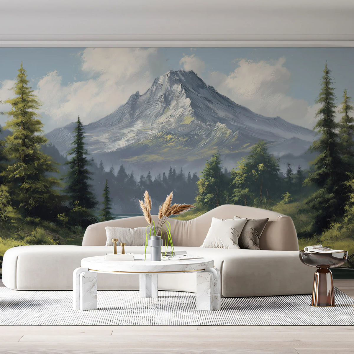 Snow-Dusted Alpine Peak Mural Wallpaper in Impressionist Style Mural Wallpaper - room preview 02