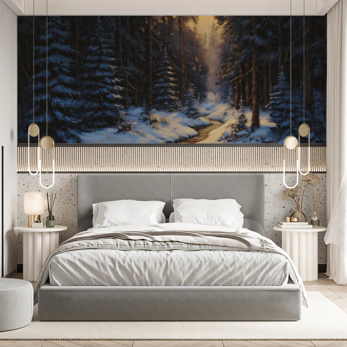 Snowy Winter Forest Stream Mural Wallpaper — Moody Landscape Decor Mural Wallpaper - room preview 02