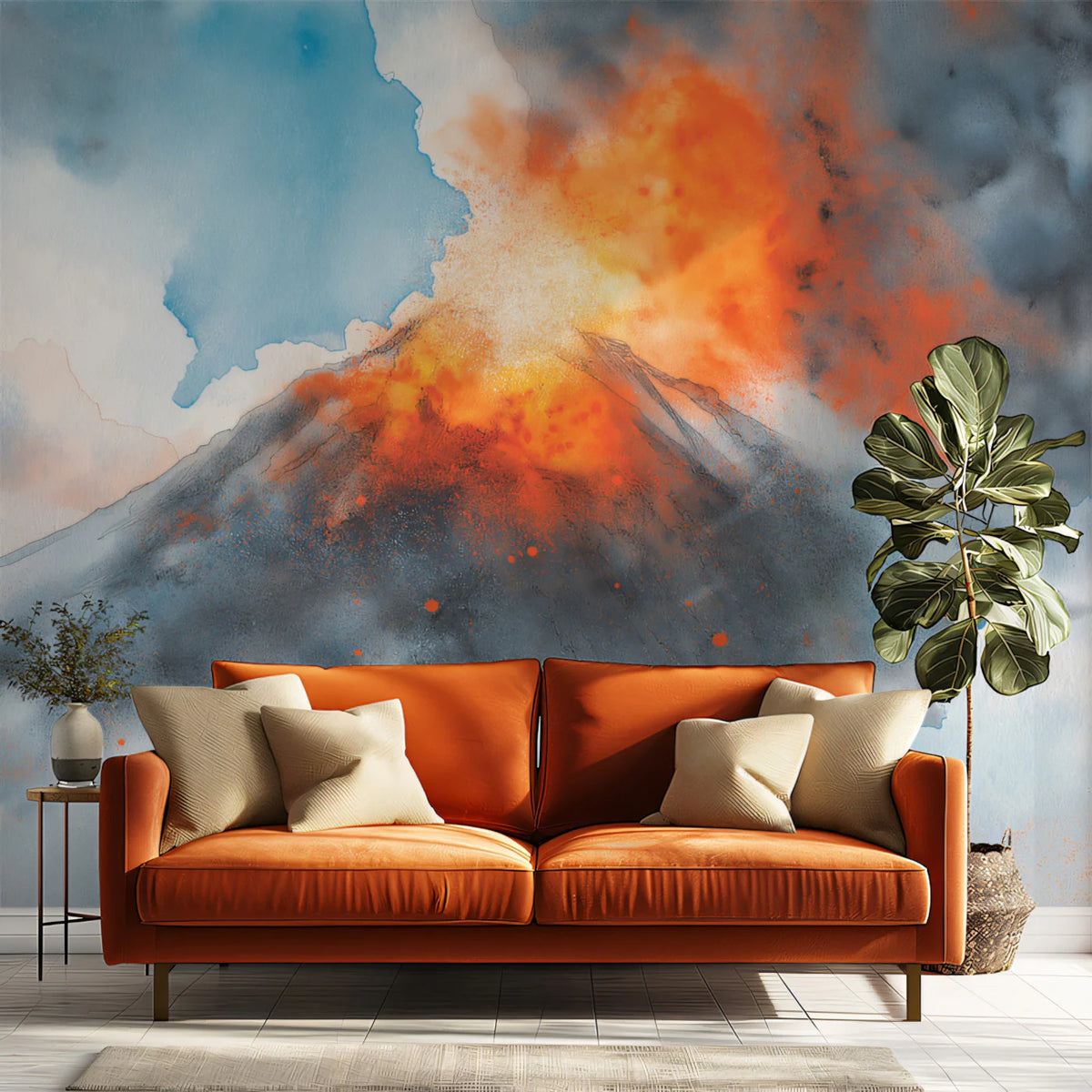 Volcanic Eruption Watercolor Mural Wallpaper — Abstract Nature Art Mural Wallpaper - room preview 02