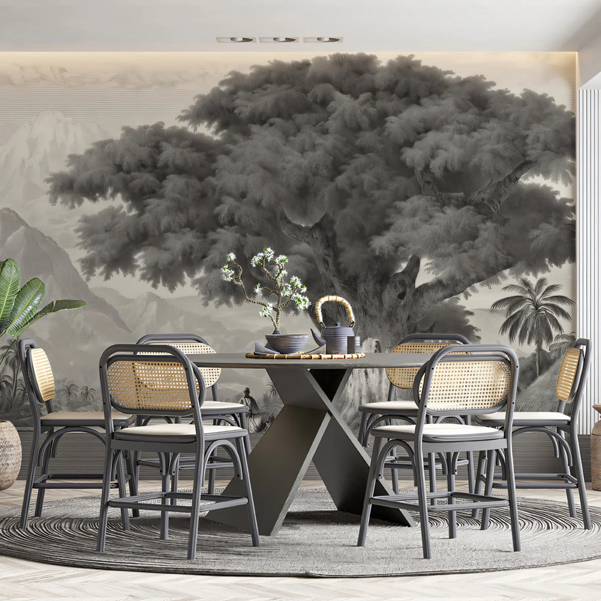 Banyan Tree Mountain Landscape Mural Wallpaper — Vintage Etching Mural Wallpaper - room preview 02