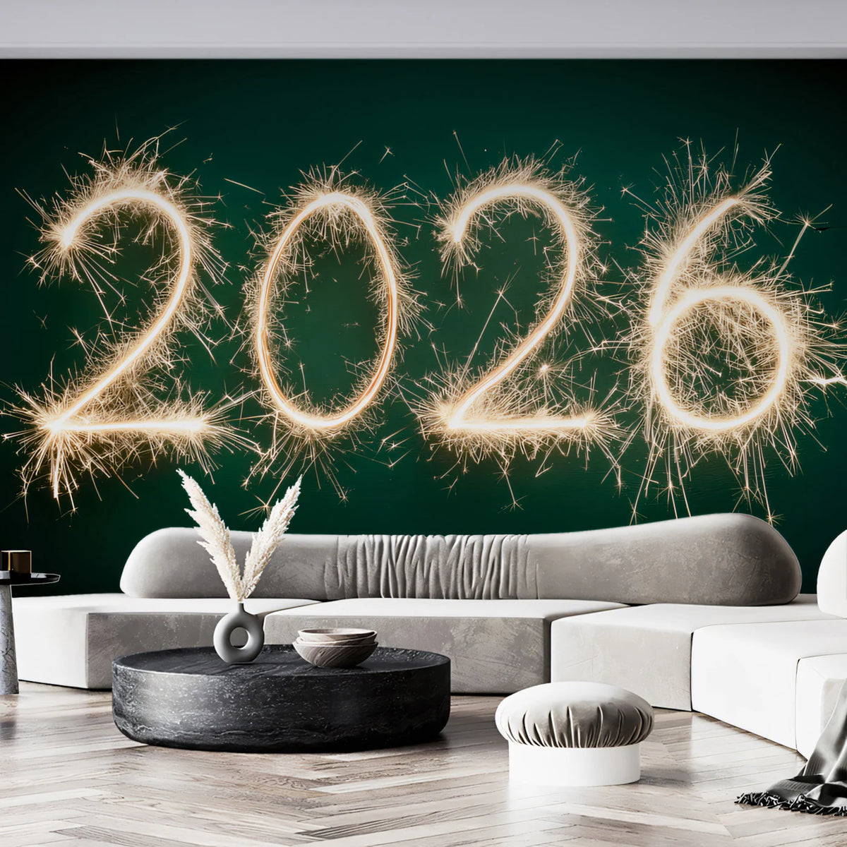 2026 Sparkler Light Mural Wallpaper — Festive Dark Green Wall Art Mural Wallpaper - room preview 02