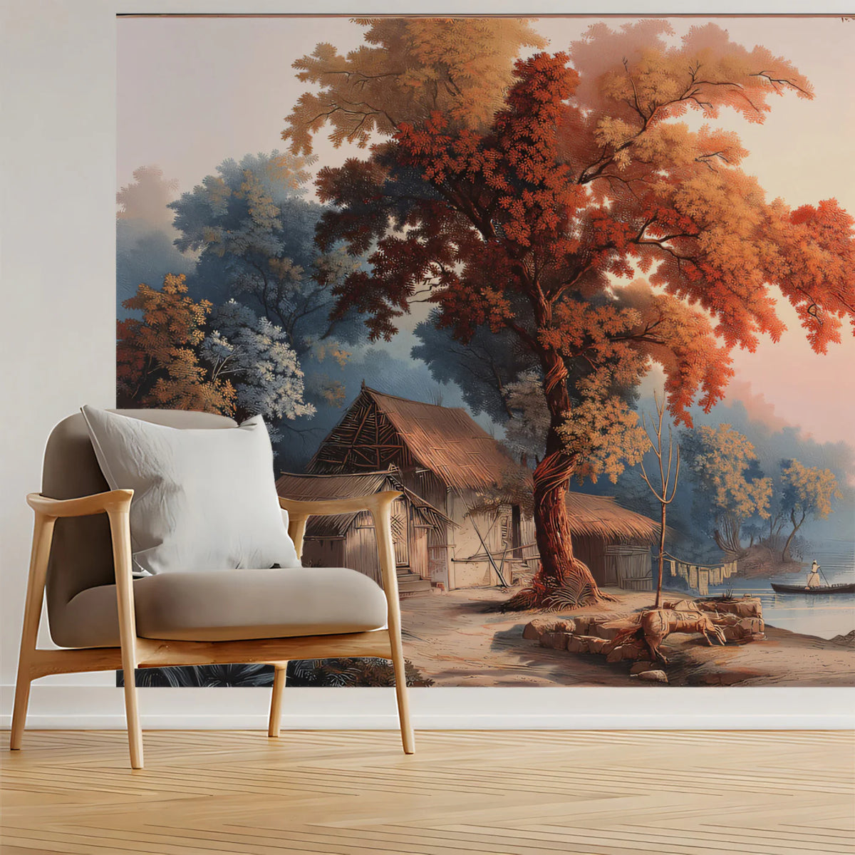 Rustic Riverbank Village Mural — Classical Landscape Wall Art Mural Wallpaper - room preview 02
