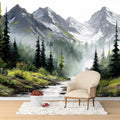 Alpine Mist Mountain Landscape Mural Wallpaper —Oil Painting Style Mural Wallpaper - room preview 02