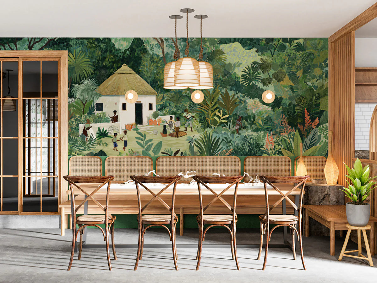 Traditional Village Life Mural Wallpaper — Lush Botanical Art Mural Wallpaper - room preview 02