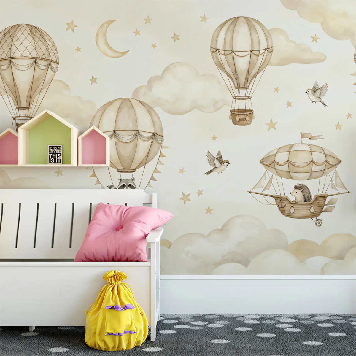Vintage Hot Air Balloon Mural Wallpaper with Woodland Animals Mural Wallpaper - room preview 02