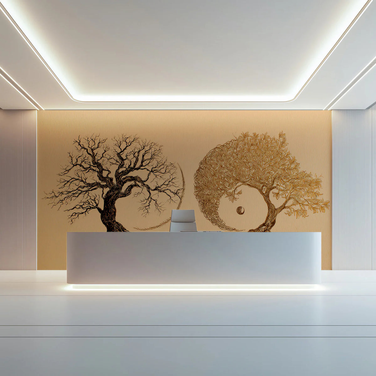 Dual Nature Yin-Yang Tree Mural Wallpaper — Fine Line Art Mural Wallpaper - room preview 02