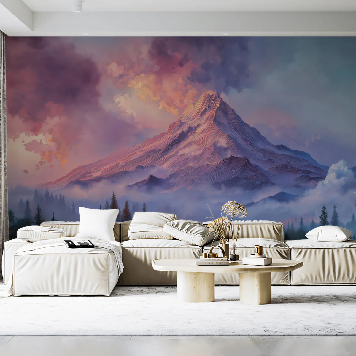 Ethereal Alpine Sunset Mural Wallpaper — Impressionistic Mountain Mural Wallpaper - room preview 02
