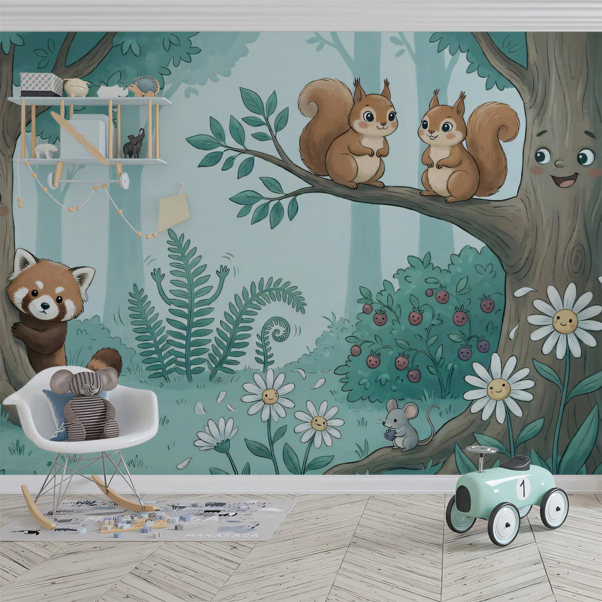 Friendly Woodland Animals Mural Wallpaper — Whimsical Forest Scene Mural Wallpaper - room preview 02