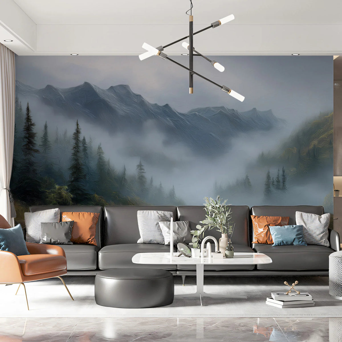 Misty Alpine Valley Mural — Impressionistic Mountain Landscape Mural Wallpaper - room preview 02