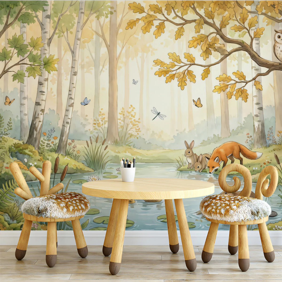 Sunlit Woodland Pond Mural Wallpaper with Forest Friends Mural Wallpaper - room preview 02