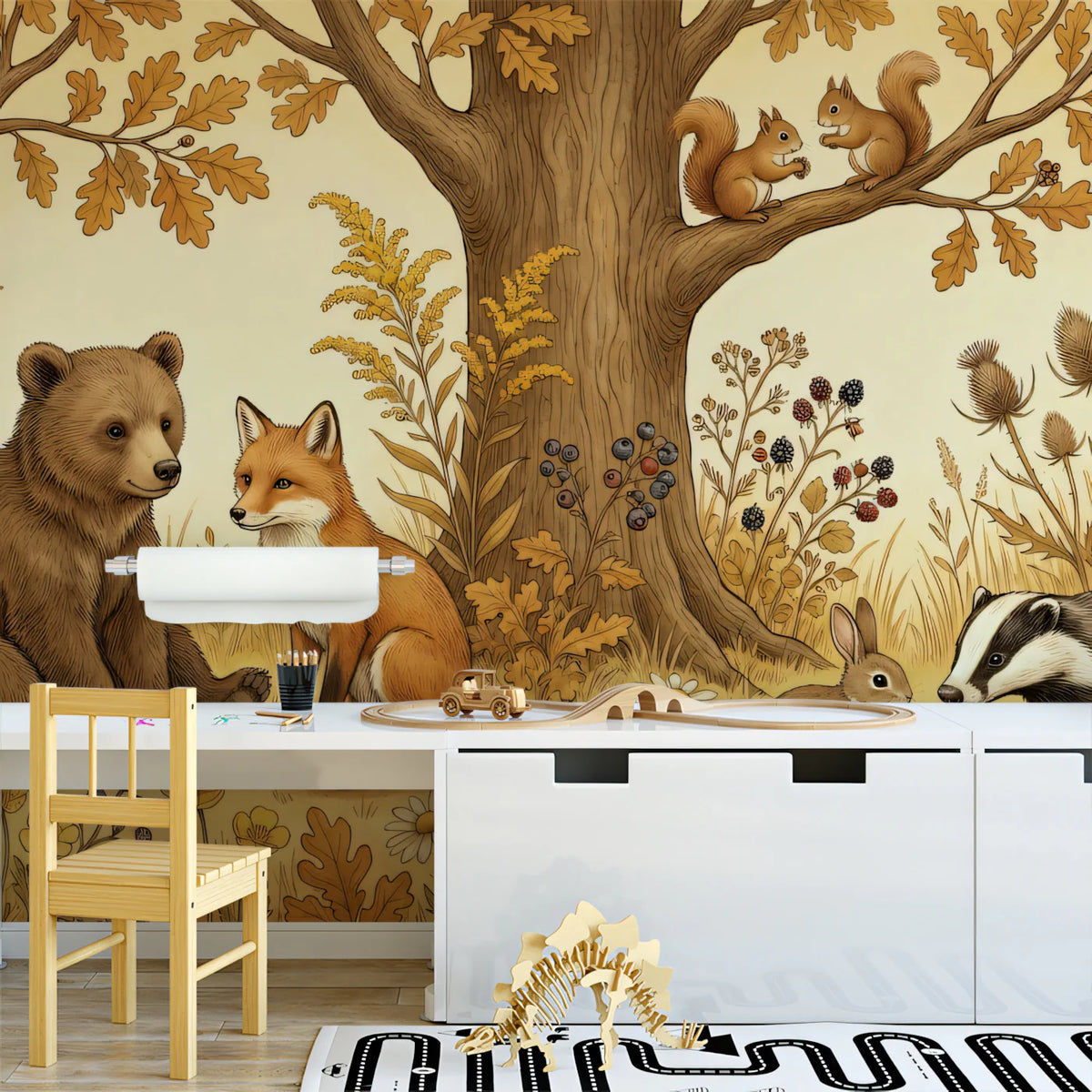Autumn Woodland Friends Mural Wallpaper — Whimsical Storybook Scene Mural Wallpaper - room preview 02