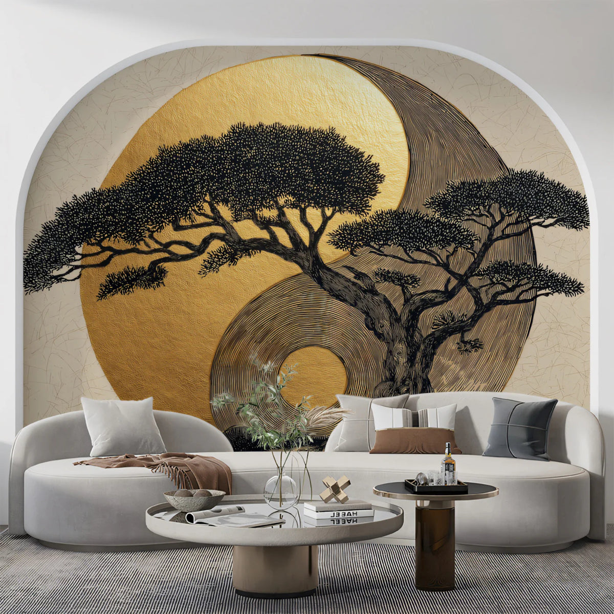 Zen Bonsai Yin-Yang Mural Wallpaper — Gold and Charcoal Art Mural Wallpaper - room preview 02
