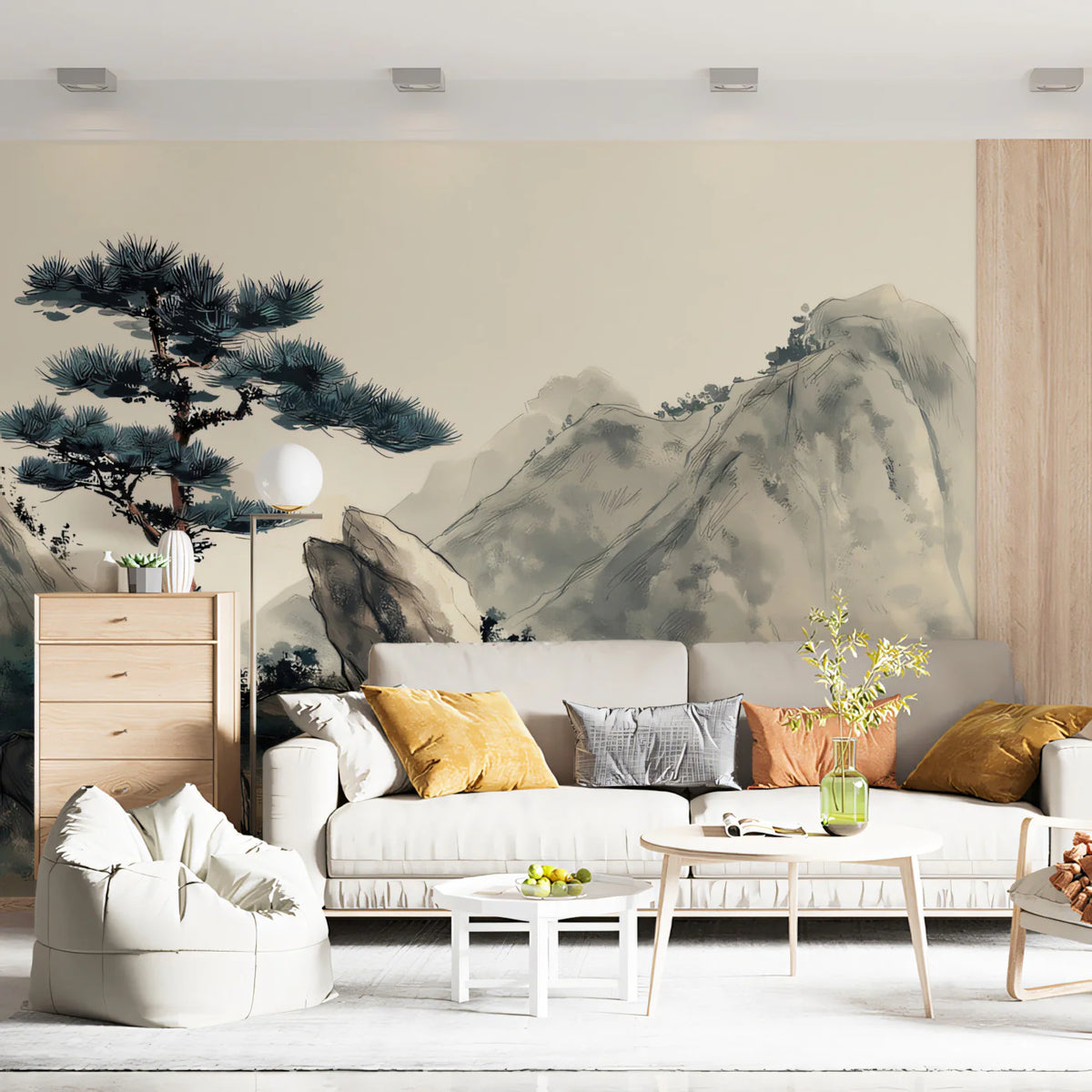 Zen Mountain Pine Mural Wallpaper — Traditional Landscape Art Mural Wallpaper - room preview 02