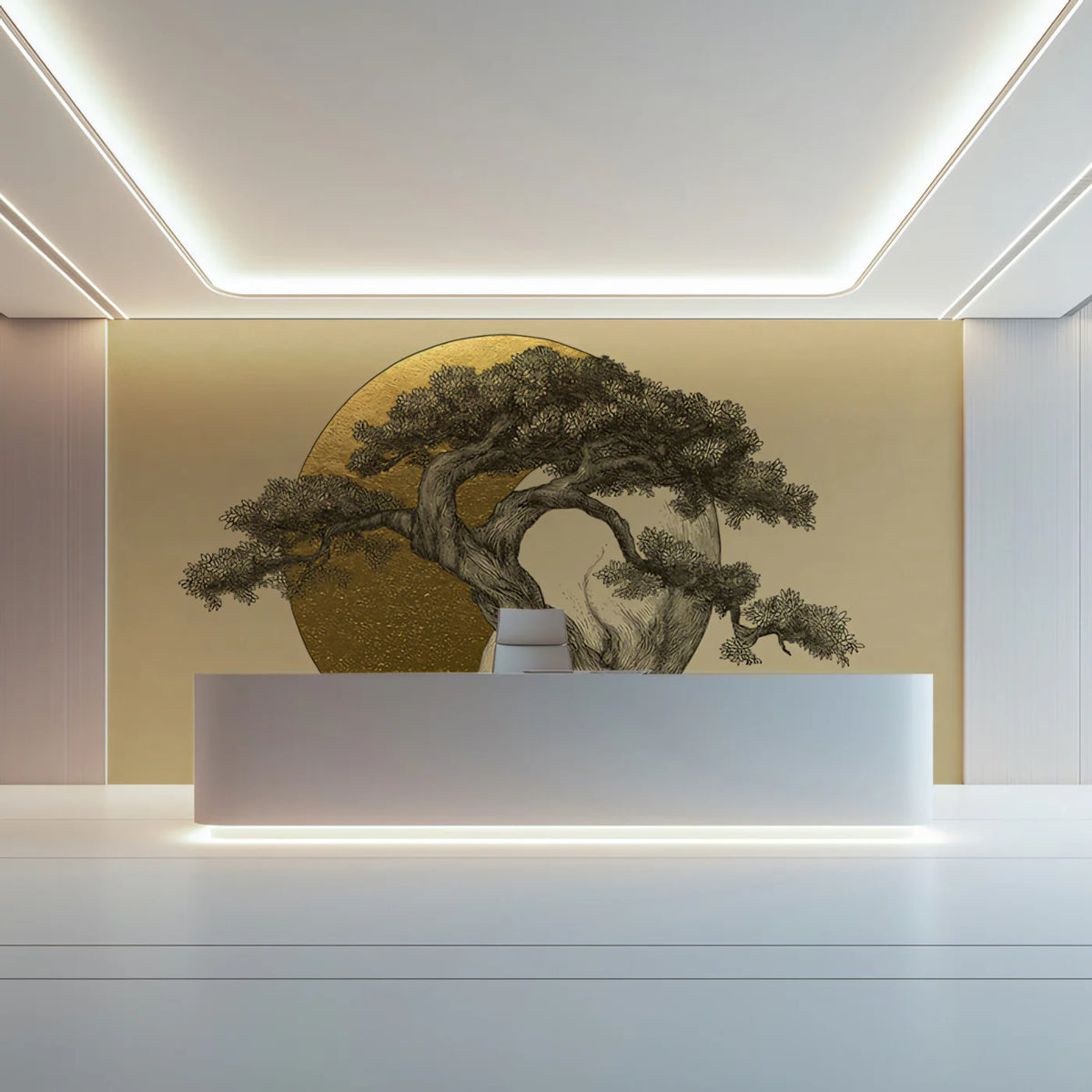 Golden Zen Bonsai Tree Mural Wallpaper — Minimalist Fine Art Mural Wallpaper - room preview 02