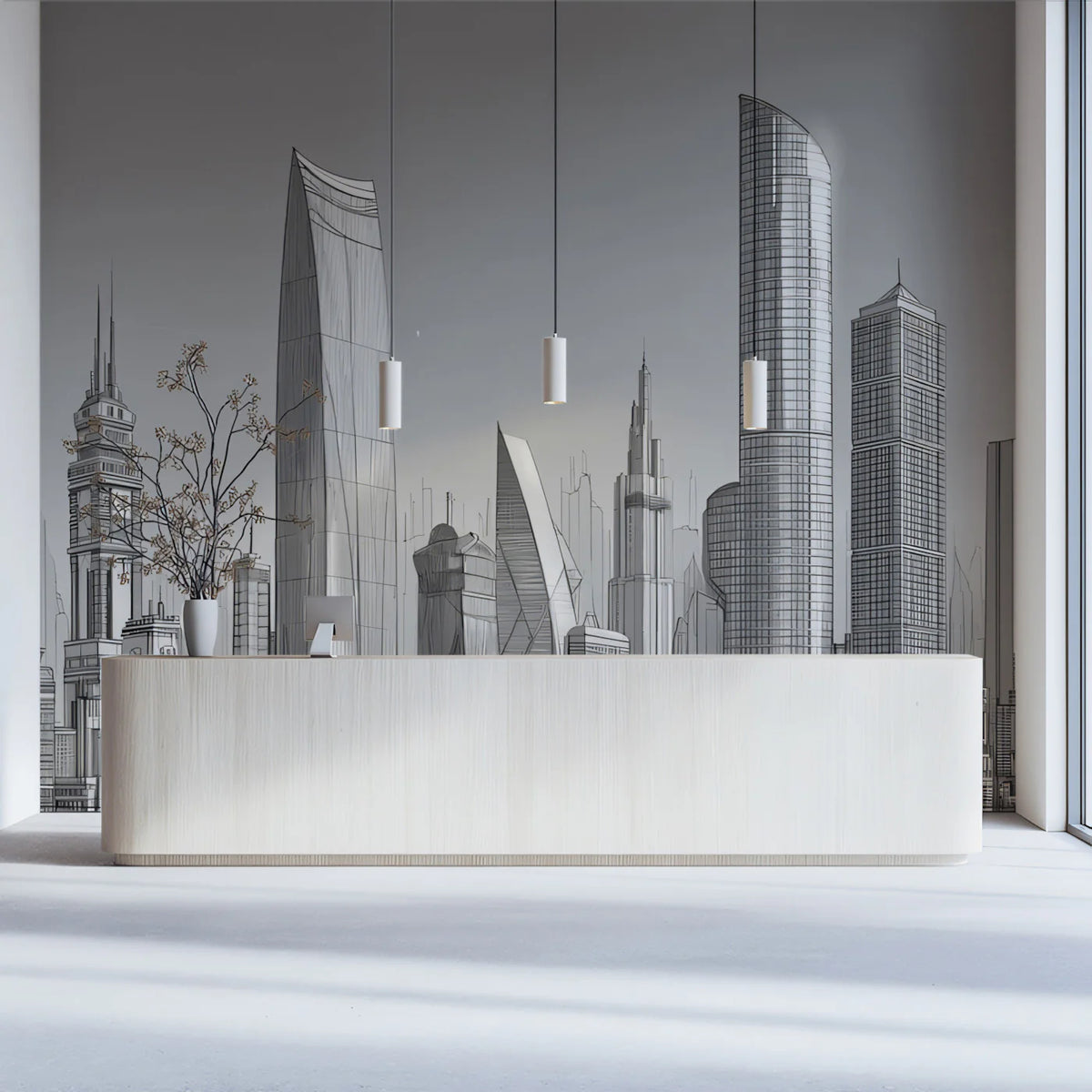 Metropolis Skyline Sketch Mural Wallpaper —Modern Architectural Art Mural Wallpaper - room preview 02