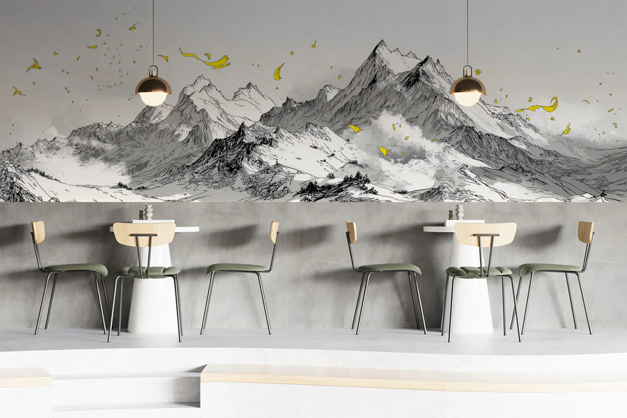 Mountain Wallpaper Mural – Alpine Wall Mural – Ink Mountain Peaks — Modern Sketch with Golden Accents
