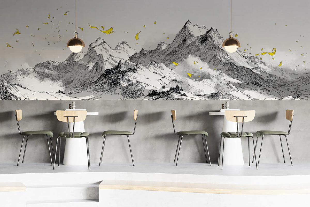 Ink Mountain Peaks Mural Wallpaper — Modern Sketch with Golden Accents Mural Wallpaper - room preview 02