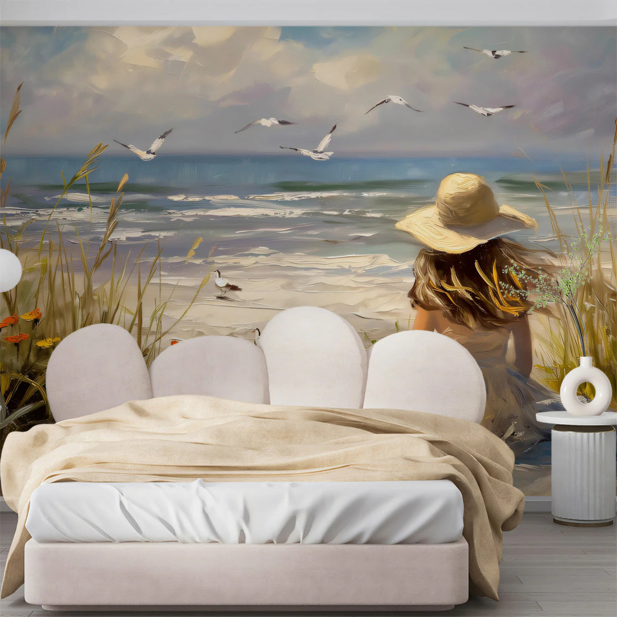 Impressionist Seaside Girl Mural Wallpaper — Painterly Coastal Art Mural Wallpaper - room preview 02